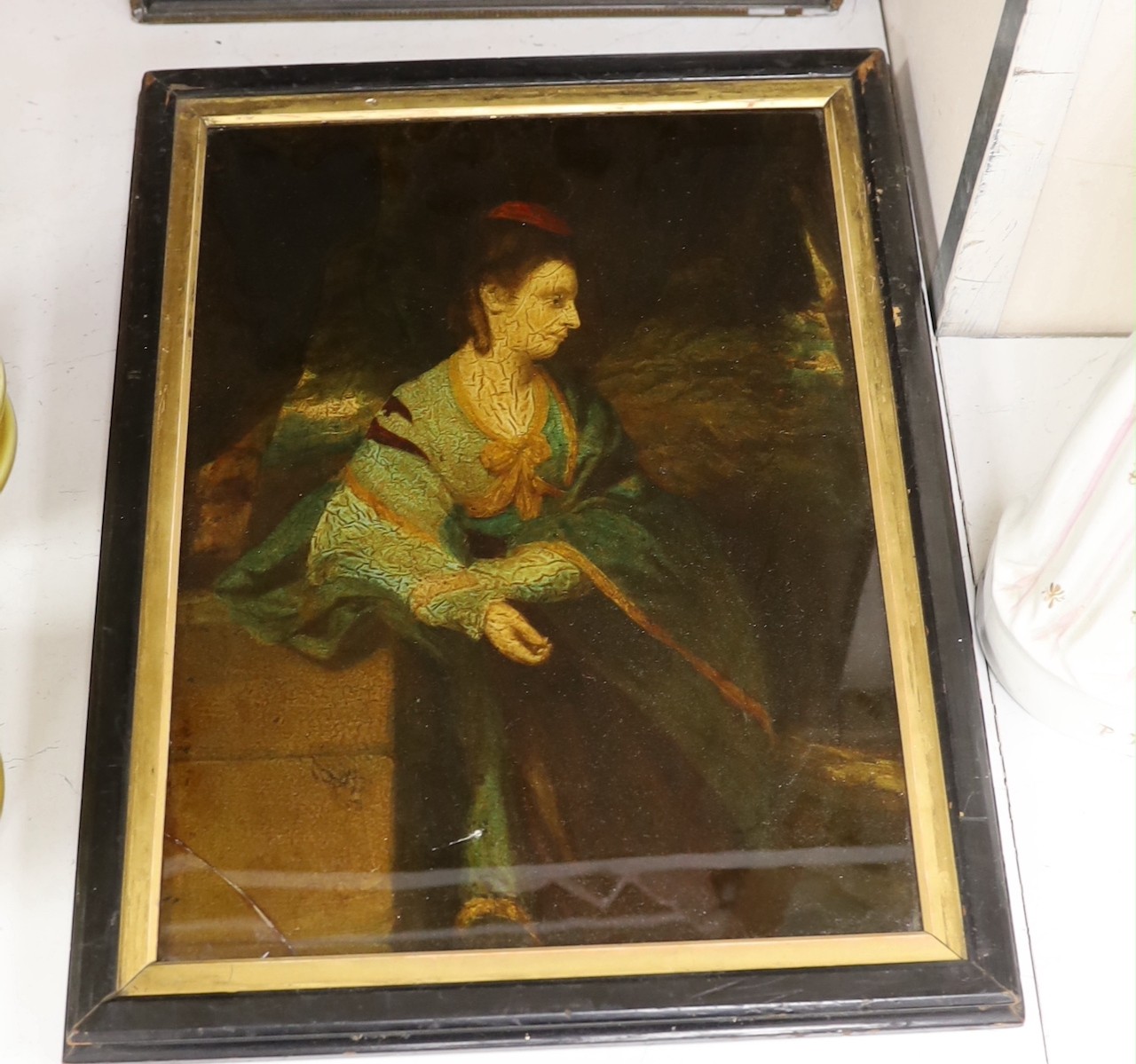 Two 19th century reverse prints on glass, 'Teresa.. daughter of Lord Grantham' and Lady after Reynolds, 37 x 26cm and 37 x 28cm